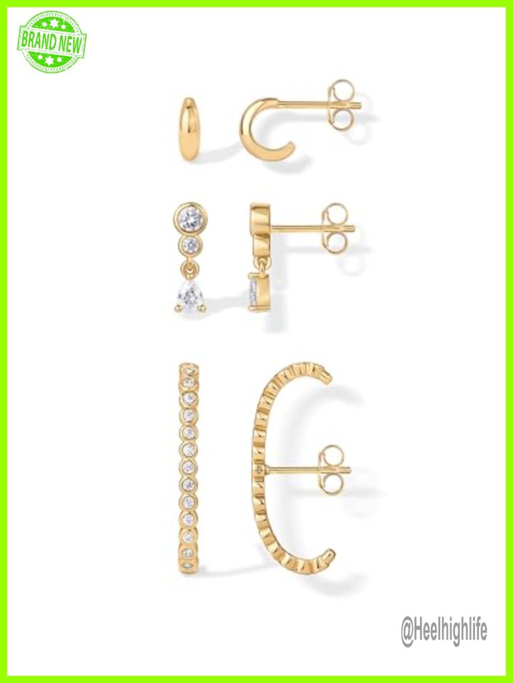 14K Gold Plated Set of 3 Statement Earrings for Women Cubic Zirconia Studs